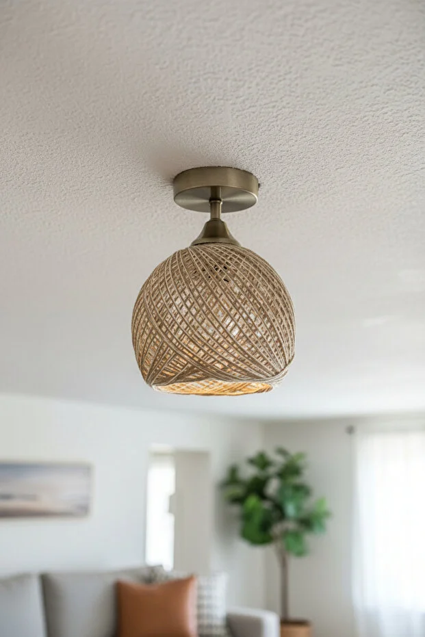 Bohem Recycle İplik Jüt El Yapımı Bej Piramit Plafonyer Başlık Tekli Modern Aydınlatma